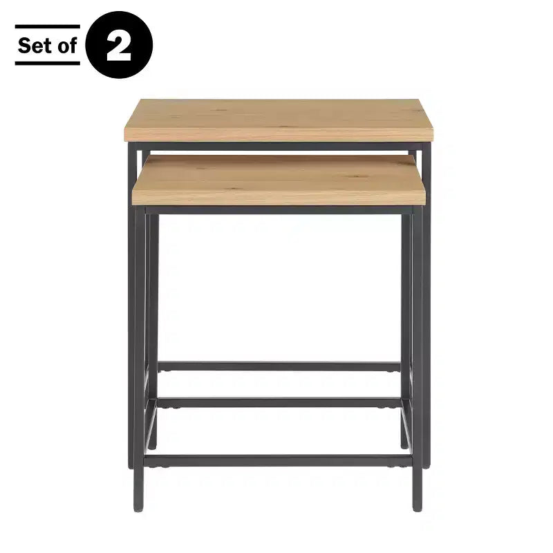 Alaterre Furniture, Set di 2 Tavolini Nido con Ripiani in Legno e Basi in Metallo, Tavolini Laterali Moderni Minimalisti per Soggiorno, Appartamento o Dormitorio, Quercia