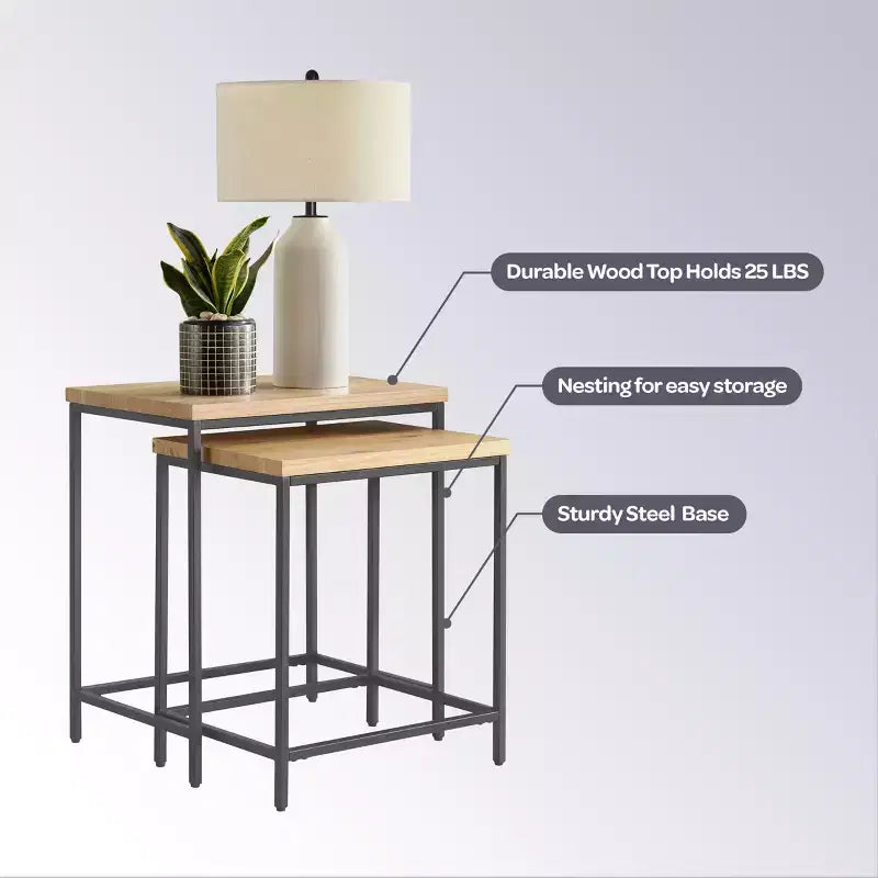 Alaterre Furniture, Set di 2 Tavolini Nido con Ripiani in Legno e Basi in Metallo, Tavolini Laterali Moderni Minimalisti per Soggiorno, Appartamento o Dormitorio, Quercia