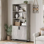 Acekool Farmhouse Bookshelf with Doors, Metal Base, 3 Open & 2 Hidden Shelves, Waterproof Scratch-Resistant,