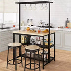 Coolmee Isola da Cucina da 42/47 Pollici con Contenitore e Posti a Sedere - Scaffale a 3 Ripiani, Supporto per Microonde, Tavolo da Pranzo per 4, 5 Ganci e Capacità di 50 libbre