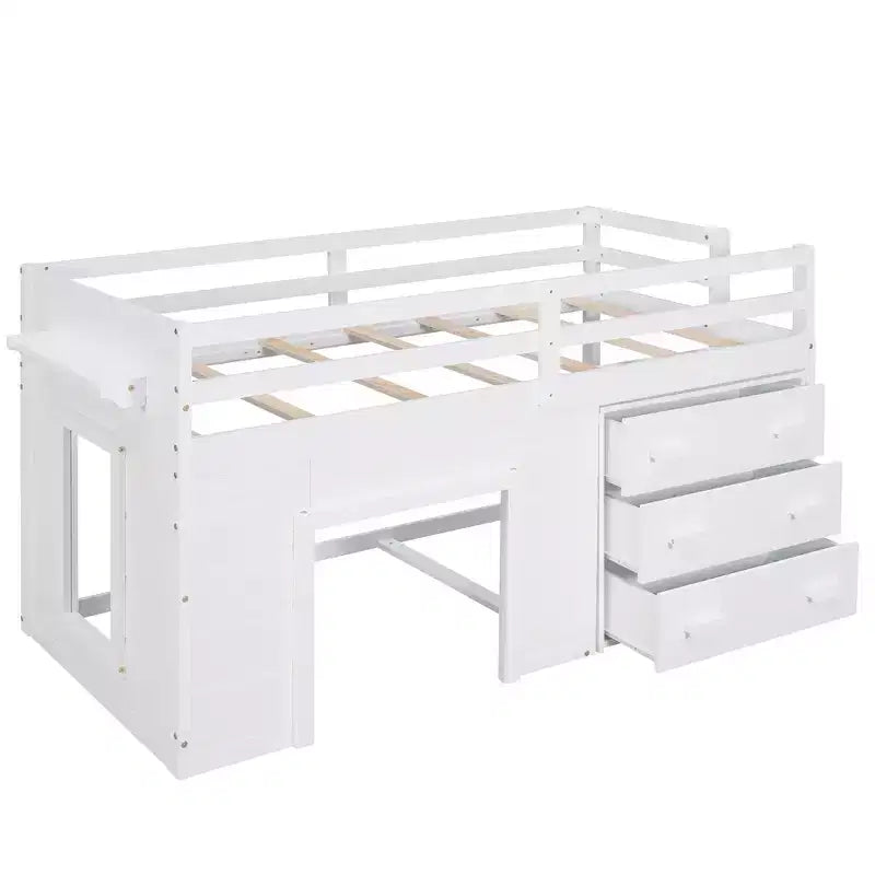 Letto a soppalco basso con contenitore per bambini, letto a soppalco singolo in legno con armadio e mensola per bambine e bambini