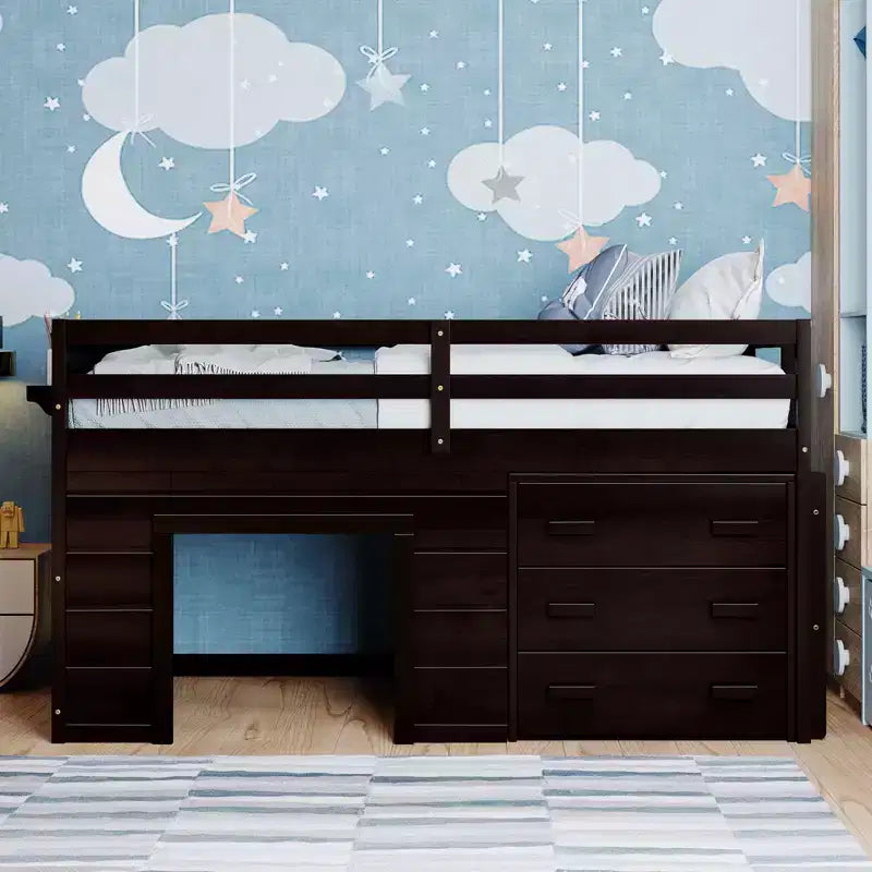 Letto a soppalco basso con contenitore per bambini, letto a soppalco singolo in legno con armadio e mensola per bambine e bambini