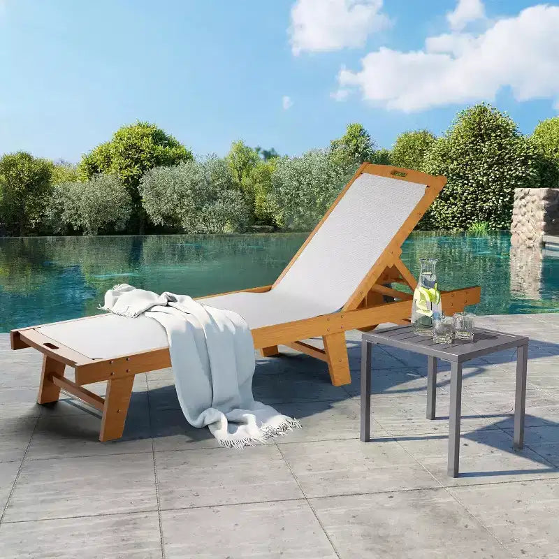 Sdraio da Esterno Regolabile con Ruote, Sdraio da Giardino 200x61cm in Legno di Acacia, Cuscino in Tessuto Teslin Resistente alle Intemperie