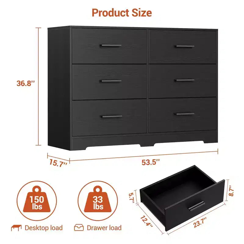 GustoWave Cassettiera Doppia a 6 Cassetti per Camera da Letto, Larghezza 120 cm, Design Antiribaltamento, Maniglie Metalliche Dorate