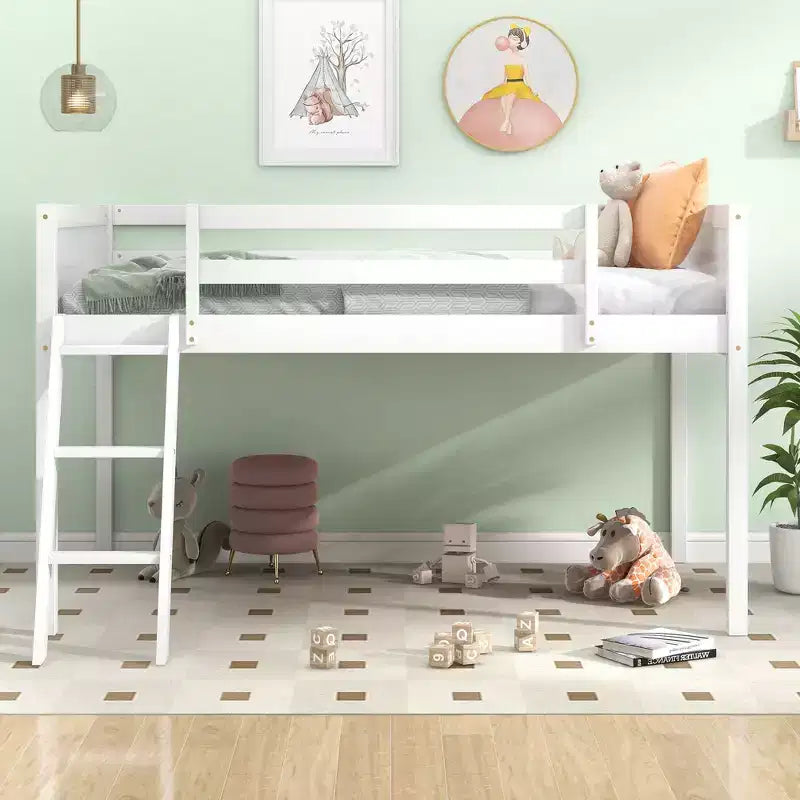 Letto a soppalco basso per bambini, Struttura letto a soppalco in legno con scala per ragazze, ragazzi, adolescenti