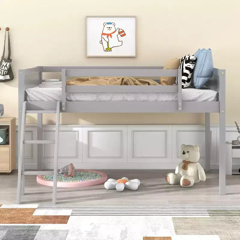 Letto a soppalco basso per bambini, Struttura letto a soppalco in legno con scala per ragazze, ragazzi, adolescenti