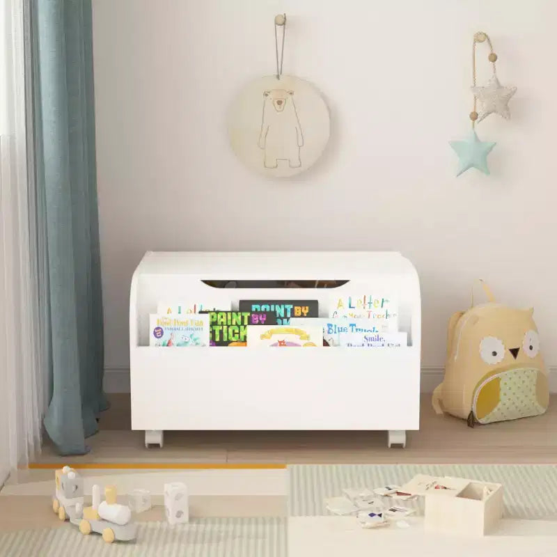 Cesto portagiochi in legno con 4 ruote universali, organizer per giocattoli per bambini con libreria anteriore, coperchio a cerniera, cerniera di sicurezza, per bambini e bambine
