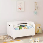 Cesto portagiochi in legno con 4 ruote universali, organizer per giocattoli per bambini con libreria anteriore, coperchio a cerniera, cerniera di sicurezza, per bambini e bambine