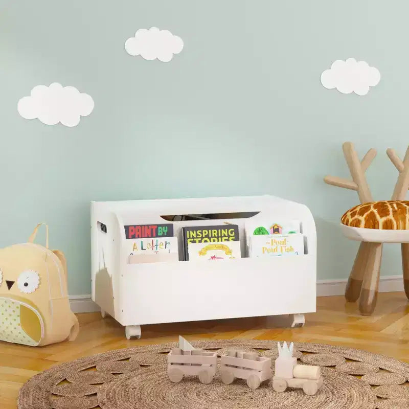 Cesto portagiochi in legno con 4 ruote universali, organizer per giocattoli per bambini con libreria anteriore, coperchio a cerniera, cerniera di sicurezza, per bambini e bambine