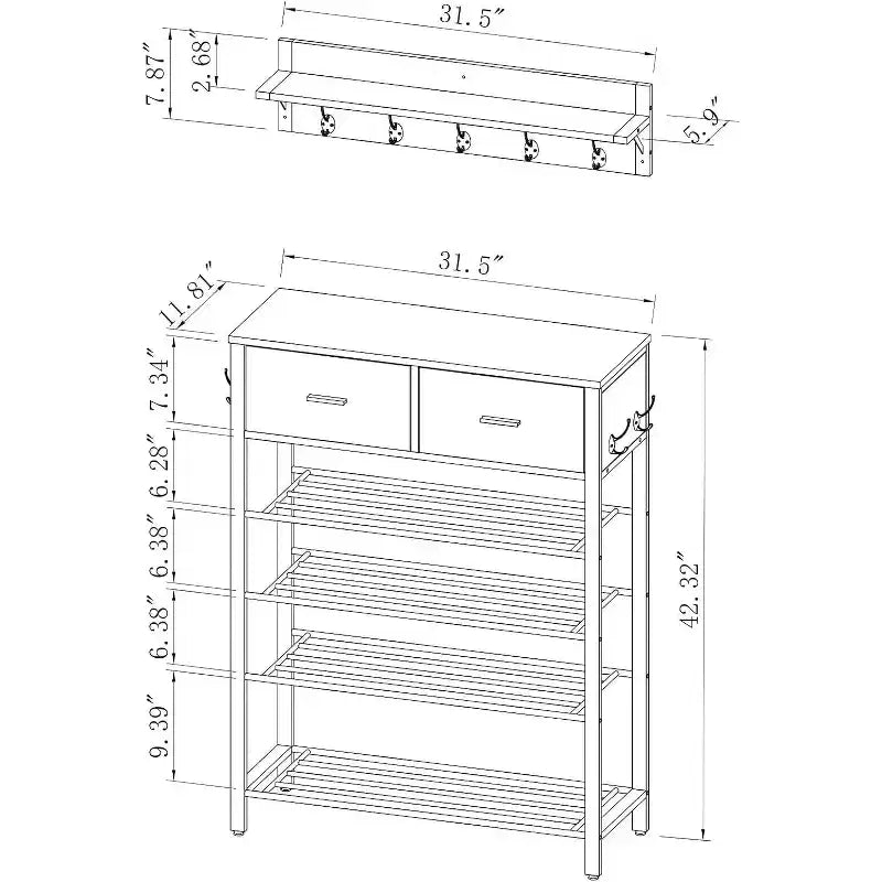 Scarpiera, Organizer Scarpiera a 4 Ripiani con 2 Cassetti, Scaffale per Scarpe in Metallo, Porta Scarpe, Scarpiera con Spazio per Riporre e Ganci