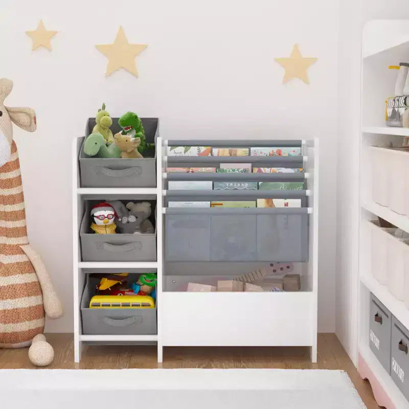 Scaffale per libri per bambini e organizer per giocattoli, libreria multifunzionale a 4 ripiani per bambini con 3 cassetti pieghevoli in tessuto