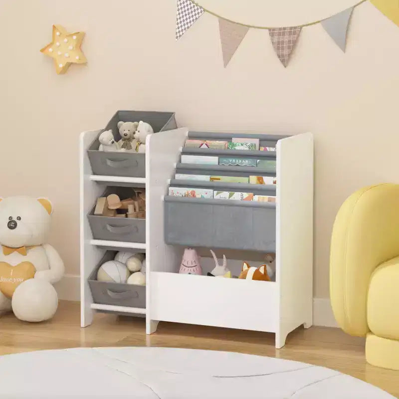 Scaffale per libri per bambini e organizer per giocattoli, libreria multifunzionale a 4 ripiani per bambini con 3 cassetti pieghevoli in tessuto