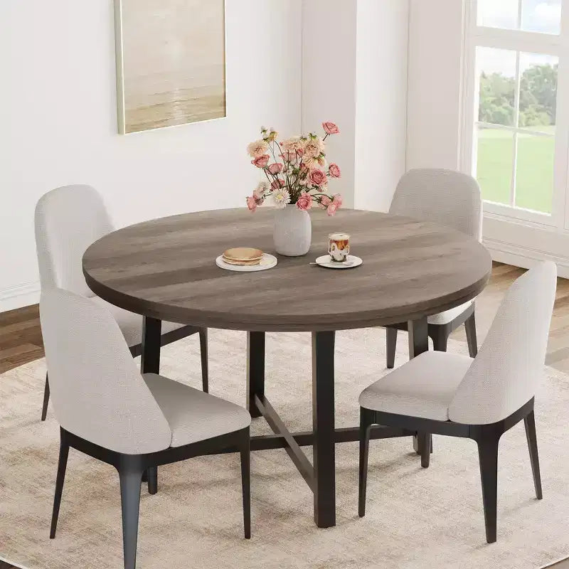 Coolmee, tavolo da pranzo rotondo da 120 cm, tavolo da pranzo industriale da 4 a 6 posti, tavolo da cucina in legno con robusta struttura in metallo (sedie escluse)