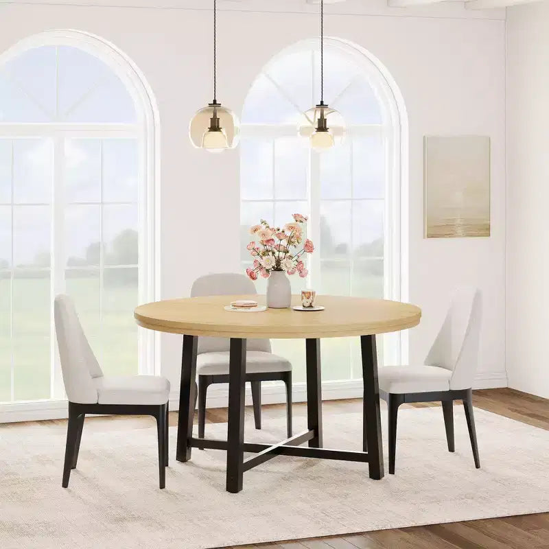 Coolmee, tavolo da pranzo rotondo da 120 cm, tavolo da pranzo industriale da 4 a 6 posti, tavolo da cucina in legno con robusta struttura in metallo (sedie escluse)