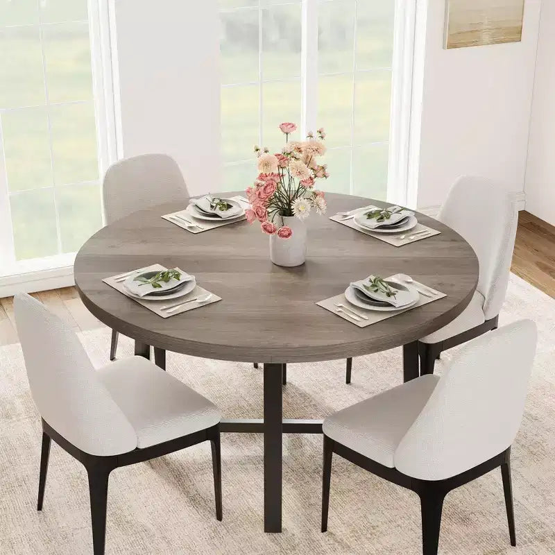 Coolmee, tavolo da pranzo rotondo da 120 cm, tavolo da pranzo industriale da 4 a 6 posti, tavolo da cucina in legno con robusta struttura in metallo (sedie escluse)