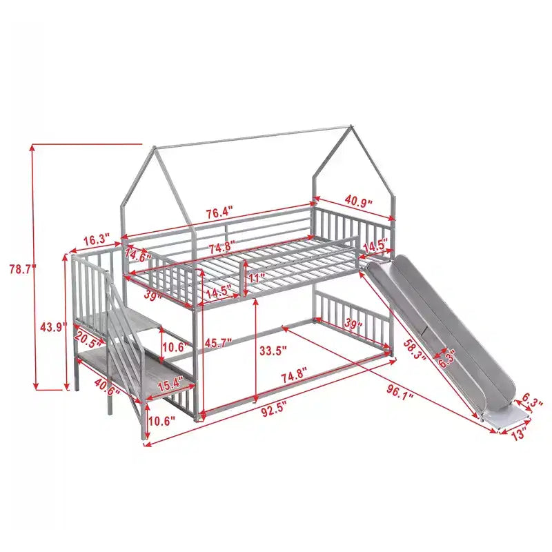 Letto a Castello in Metallo per Bambini a Piazza e Mezza con Scivolo e Scala, Letto a Castello Convertible con Scivolo e Scala per Bambini e Ragazzi