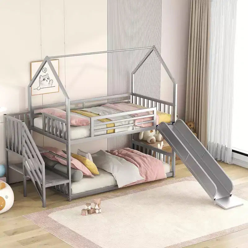 Letto a Castello in Metallo per Bambini a Piazza e Mezza con Scivolo e Scala, Letto a Castello Convertible con Scivolo e Scala per Bambini e Ragazzi