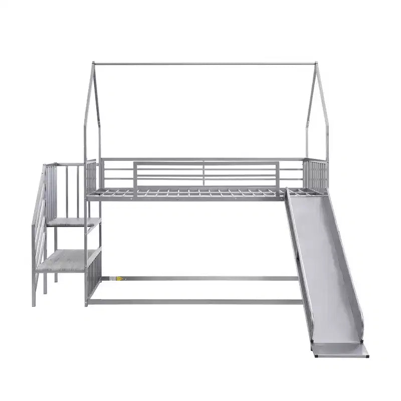 Letto a Castello in Metallo per Bambini a Piazza e Mezza con Scivolo e Scala, Letto a Castello Convertible con Scivolo e Scala per Bambini e Ragazzi