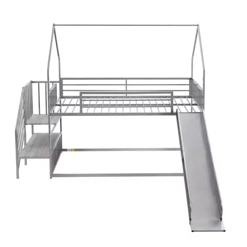 Letto a Castello in Metallo per Bambini a Piazza e Mezza con Scivolo e Scala, Letto a Castello Convertible con Scivolo e Scala per Bambini e Ragazzi