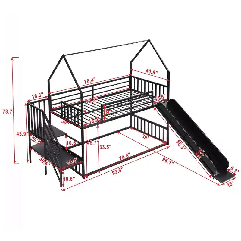 Letto a Castello in Metallo per Bambini a Piazza e Mezza con Scivolo e Scala, Letto a Castello Convertible con Scivolo e Scala per Bambini e Ragazzi