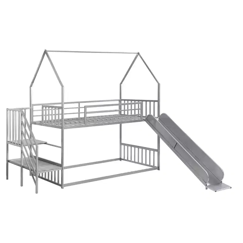 Letto a Castello in Metallo per Bambini a Piazza e Mezza con Scivolo e Scala, Letto a Castello Convertible con Scivolo e Scala per Bambini e Ragazzi