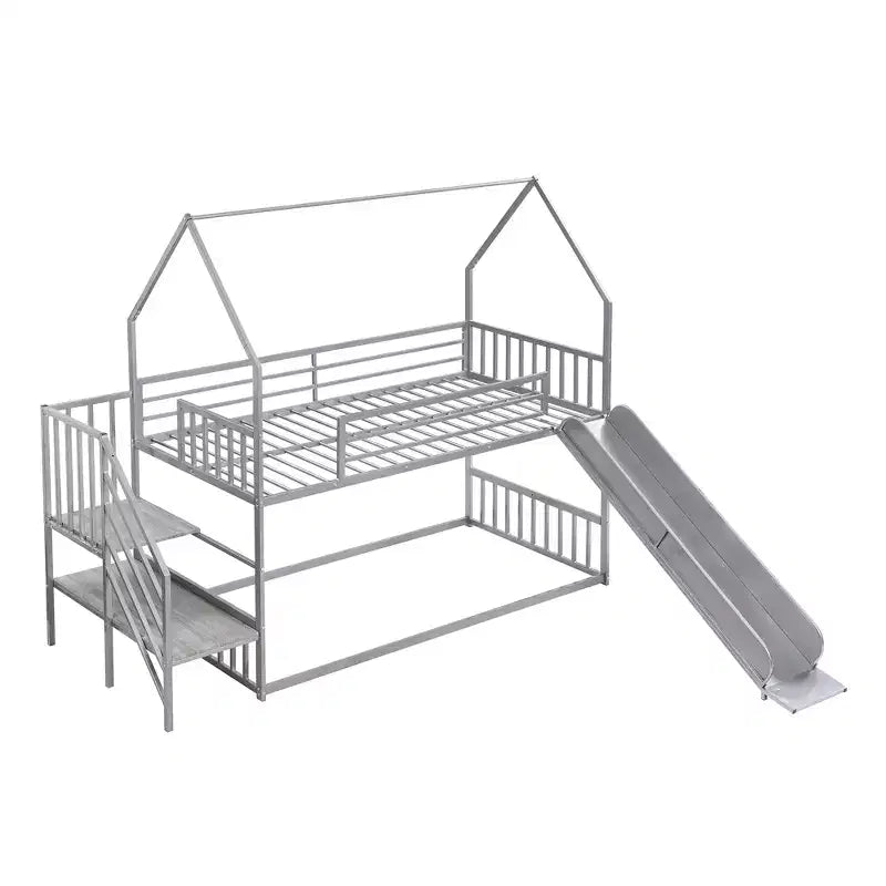 Letto a Castello in Metallo per Bambini a Piazza e Mezza con Scivolo e Scala, Letto a Castello Convertible con Scivolo e Scala per Bambini e Ragazzi