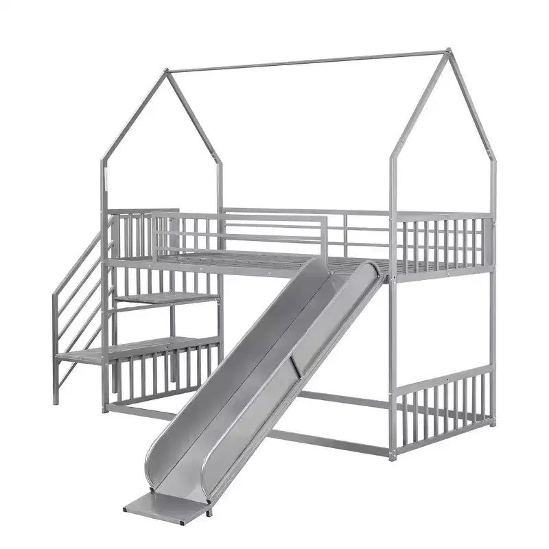Letto a Castello in Metallo per Bambini a Piazza e Mezza con Scivolo e Scala, Letto a Castello Convertible con Scivolo e Scala per Bambini e Ragazzi