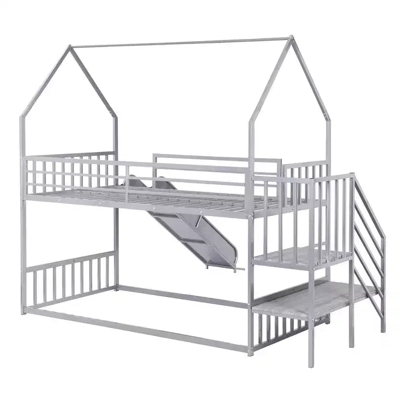 Letto a Castello in Metallo per Bambini a Piazza e Mezza con Scivolo e Scala, Letto a Castello Convertible con Scivolo e Scala per Bambini e Ragazzi