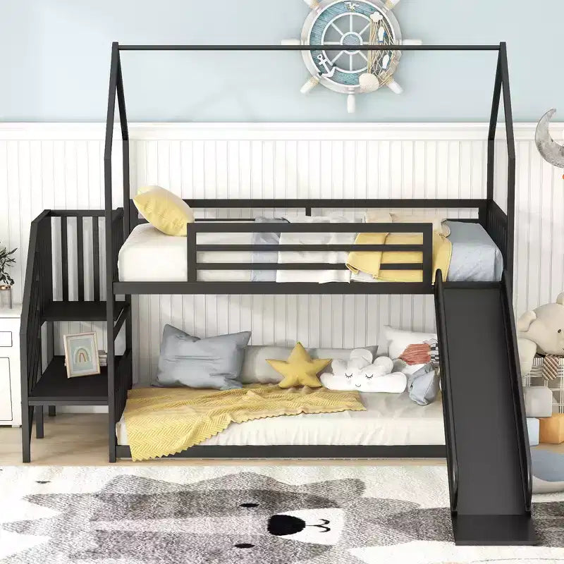 Letto a Castello in Metallo per Bambini a Piazza e Mezza con Scivolo e Scala, Letto a Castello Convertible con Scivolo e Scala per Bambini e Ragazzi