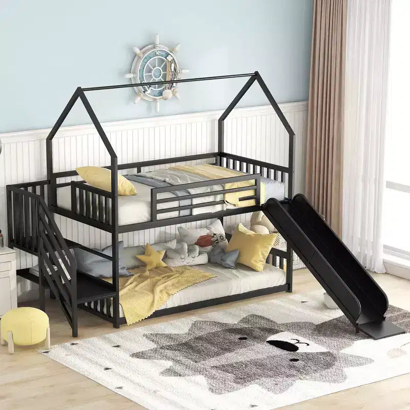 Letto a Castello in Metallo per Bambini a Piazza e Mezza con Scivolo e Scala, Letto a Castello Convertible con Scivolo e Scala per Bambini e Ragazzi