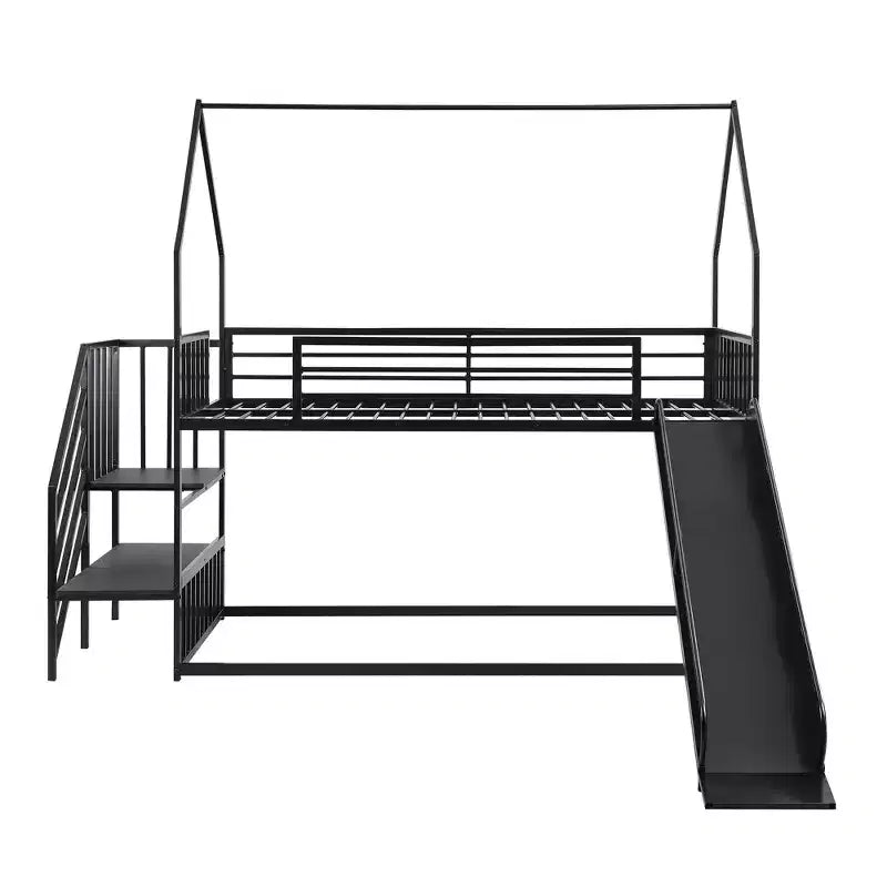Letto a Castello in Metallo per Bambini a Piazza e Mezza con Scivolo e Scala, Letto a Castello Convertible con Scivolo e Scala per Bambini e Ragazzi