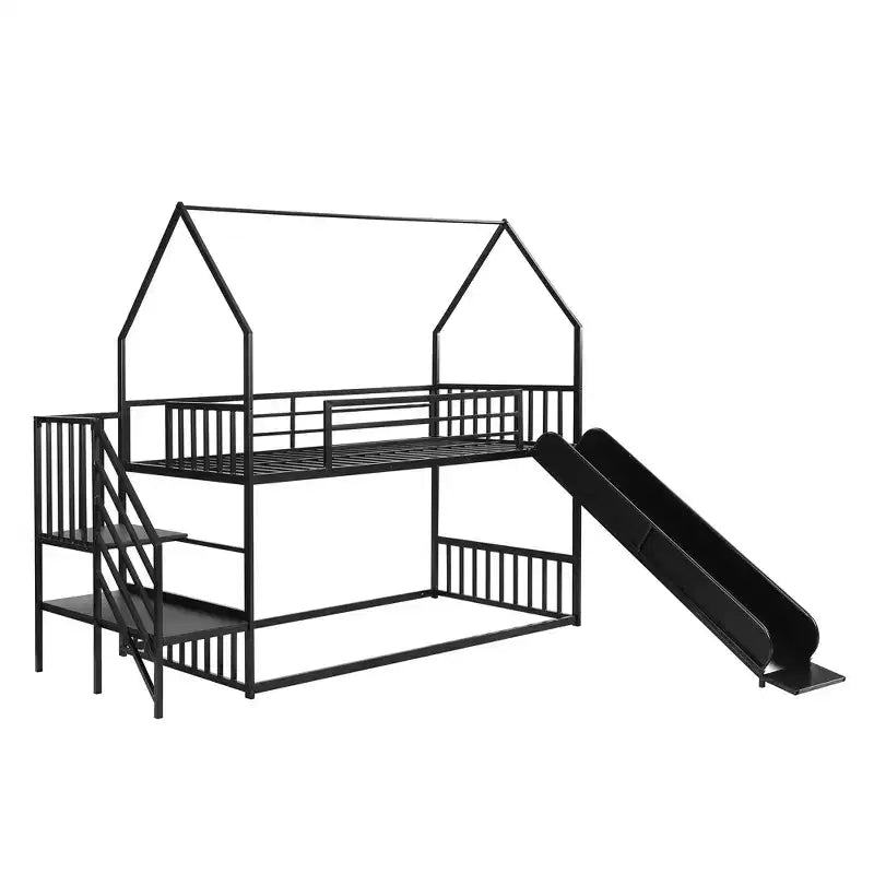 Letto a Castello in Metallo per Bambini a Piazza e Mezza con Scivolo e Scala, Letto a Castello Convertible con Scivolo e Scala per Bambini e Ragazzi