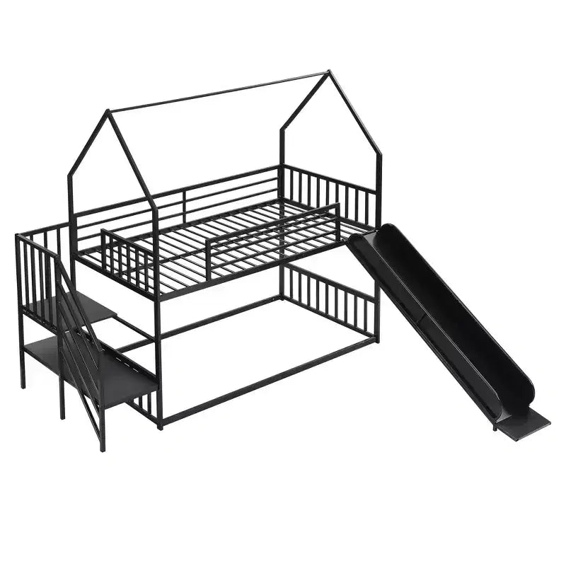 Letto a Castello in Metallo per Bambini a Piazza e Mezza con Scivolo e Scala, Letto a Castello Convertible con Scivolo e Scala per Bambini e Ragazzi