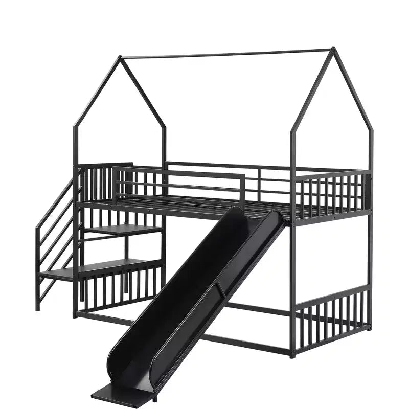 Letto a Castello in Metallo per Bambini a Piazza e Mezza con Scivolo e Scala, Letto a Castello Convertible con Scivolo e Scala per Bambini e Ragazzi