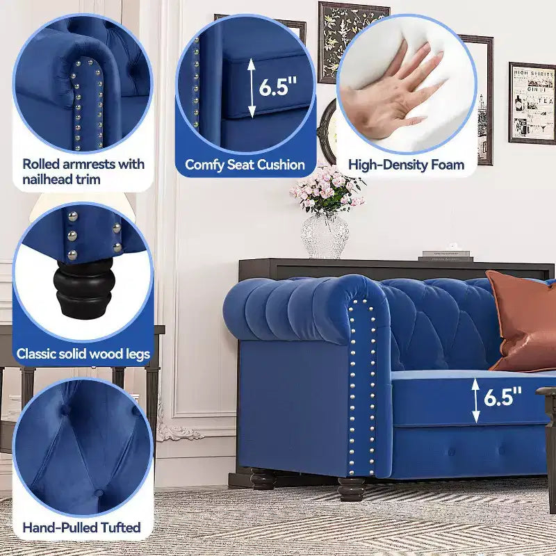 Poltrona Chesterfield in velluto con cuscino profondo per soggiorno, blu - Morden Fort