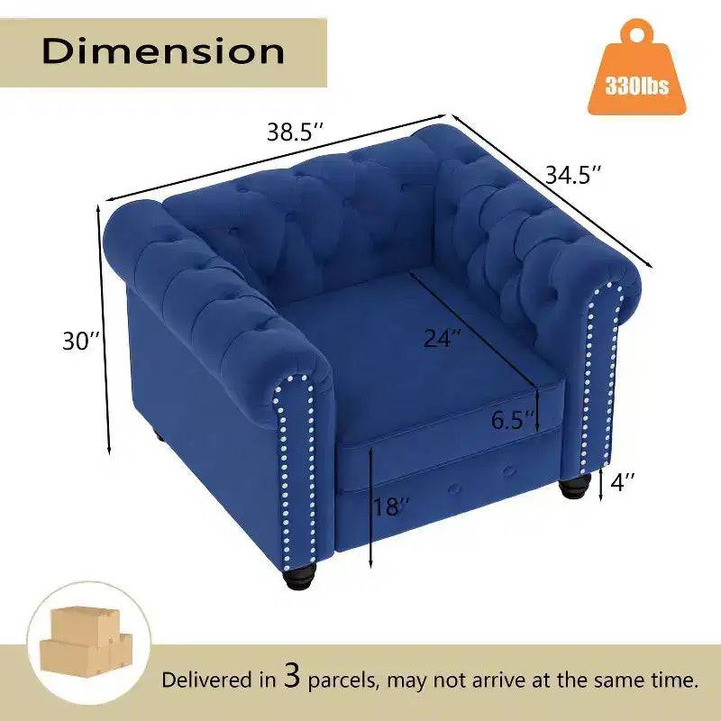 Poltrona Chesterfield in velluto con cuscino profondo per soggiorno, blu - Morden Fort