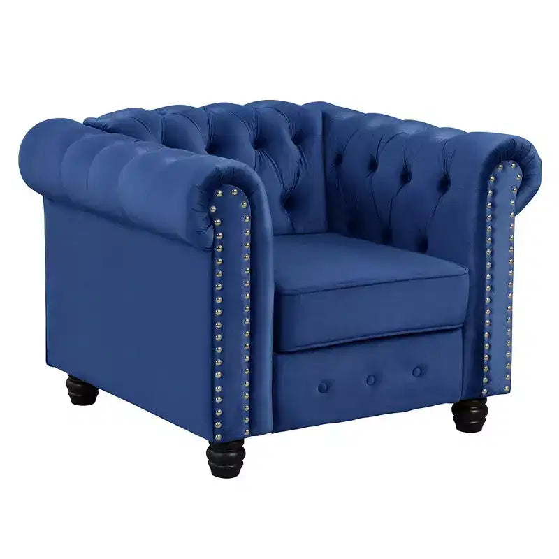 Poltrona Chesterfield in velluto con cuscino profondo per soggiorno, blu - Morden Fort