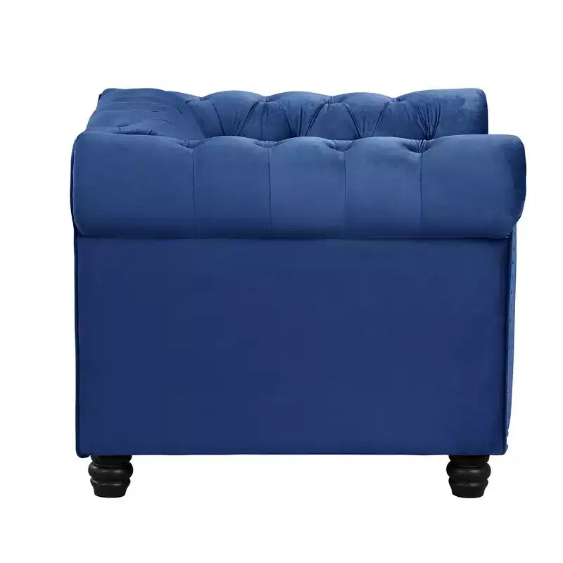 Poltrona Chesterfield in velluto con cuscino profondo per soggiorno, blu - Morden Fort