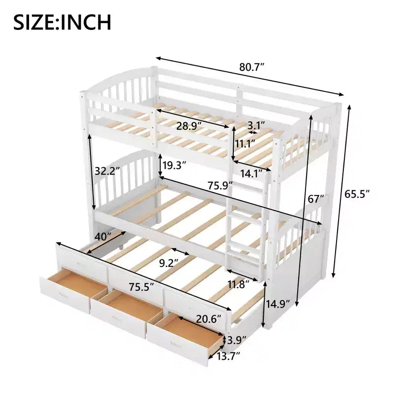 Letto a castello singolo su singolo con letto estraibile e cassetti contenitore, letti a castello in legno massello per mobili da camera da letto
