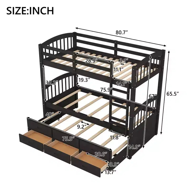 Letto a castello singolo su singolo con letto estraibile e cassetti contenitore, letti a castello in legno massello per mobili da camera da letto
