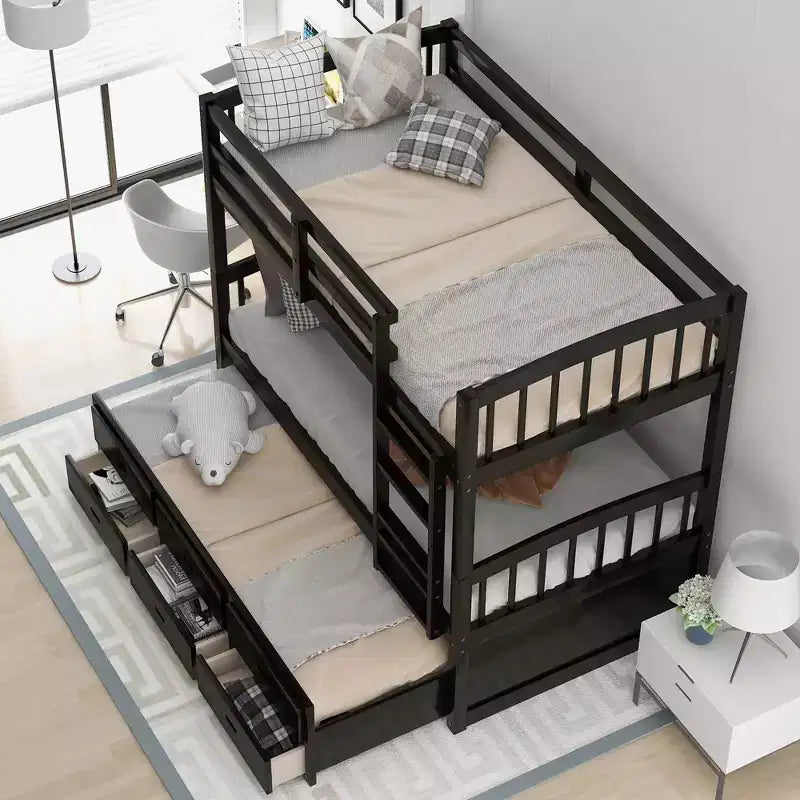 Letto a castello singolo su singolo con letto estraibile e cassetti contenitore, letti a castello in legno massello per mobili da camera da letto
