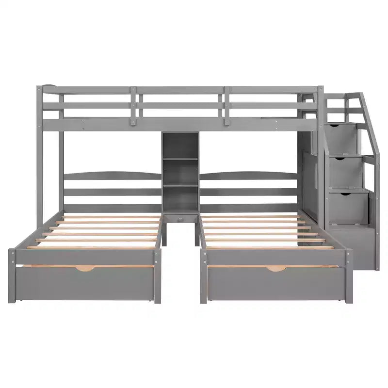 Letto a castello triplo con scale e cassetti, letto a castello triplo Twin su Twin e Twin con ripiani, letti a castello tripli in legno per bambini, grigio