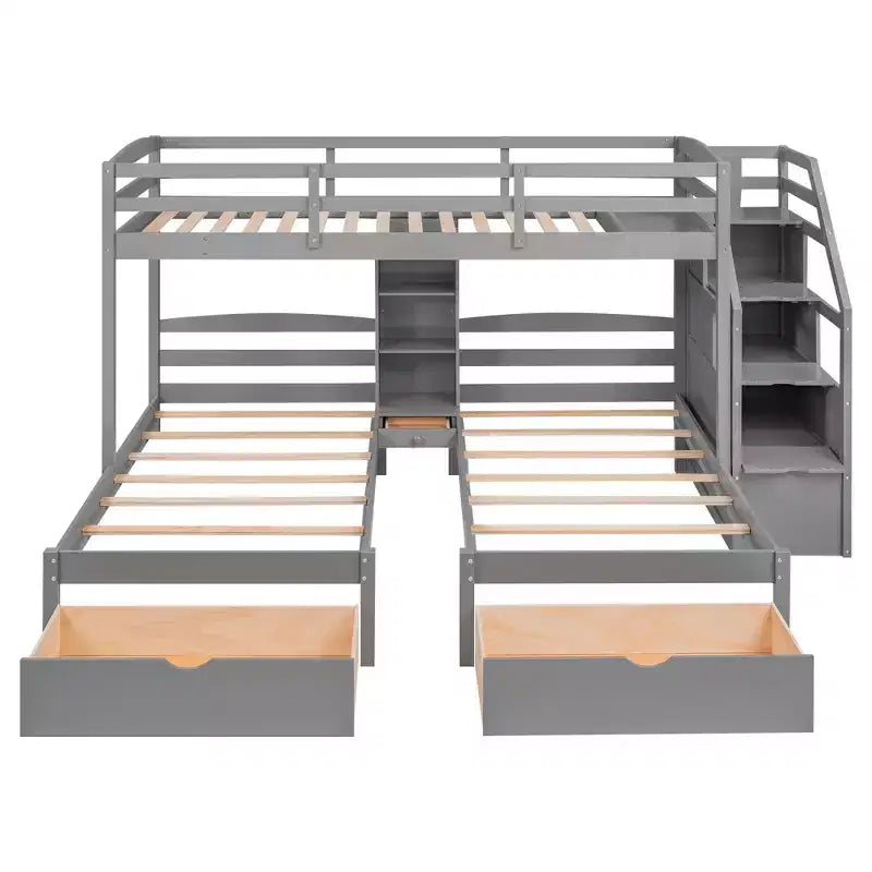 Letto a castello triplo con scale e cassetti, letto a castello triplo Twin su Twin e Twin con ripiani, letti a castello tripli in legno per bambini, grigio