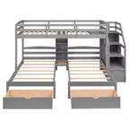 Letto a castello triplo con scale e cassetti, letto a castello triplo Twin su Twin e Twin con ripiani, letti a castello tripli in legno per bambini, grigio