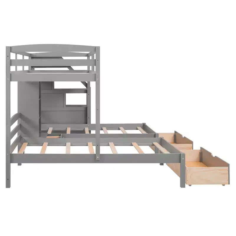 Letto a castello triplo con scale e cassetti, letto a castello triplo Twin su Twin e Twin con ripiani, letti a castello tripli in legno per bambini, grigio