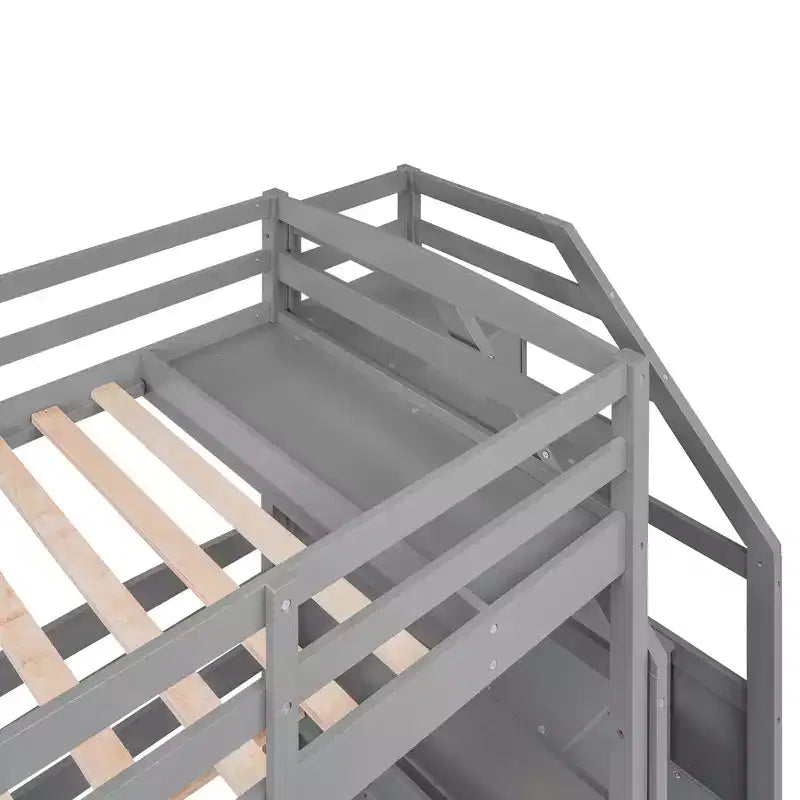 Letto a castello triplo con scale e cassetti, letto a castello triplo Twin su Twin e Twin con ripiani, letti a castello tripli in legno per bambini, grigio