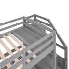 Letto a castello triplo con scale e cassetti, letto a castello triplo Twin su Twin e Twin con ripiani, letti a castello tripli in legno per bambini, grigio