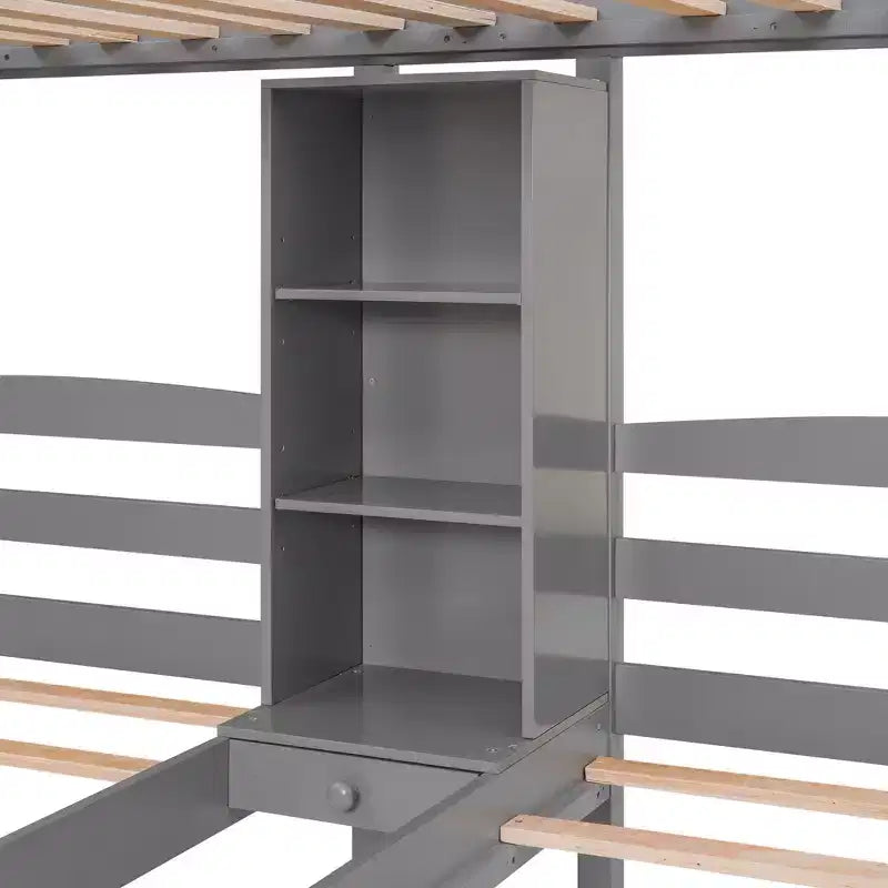 Letto a castello triplo con scale e cassetti, letto a castello triplo Twin su Twin e Twin con ripiani, letti a castello tripli in legno per bambini, grigio