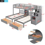Letto a castello triplo con scale e cassetti, letto a castello triplo Twin su Twin e Twin con ripiani, letti a castello tripli in legno per bambini, grigio