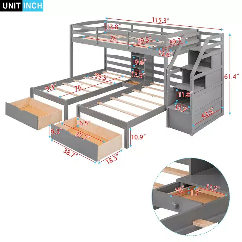 Letto a castello triplo con scale e cassetti, letto a castello triplo Twin su Twin e Twin con ripiani, letti a castello tripli in legno per bambini, grigio